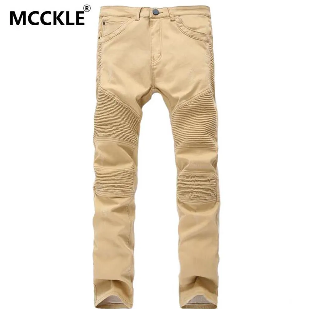 Whole-Khaki Mensバイカージーンズファッションブランドデザイナープリーツモトジーンズパンツ男性ライトリッピングスリムフィットストレートデニムジョガーズ204d