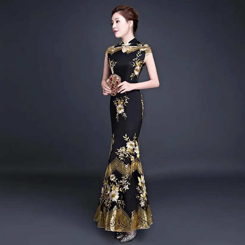 Female Flower Embroidery Formal Party Dress Black Exquisite Sequins Trim Novelty Cheongsam Long Elegant Chinese Banquet Gown Ethni187n