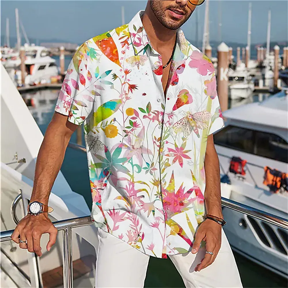 Polos męski wiosenny i letnia koszula liść kwiatowy wzór wysokiej jakości Lapel Vintage Codzienny styl uliczny odzież 230630