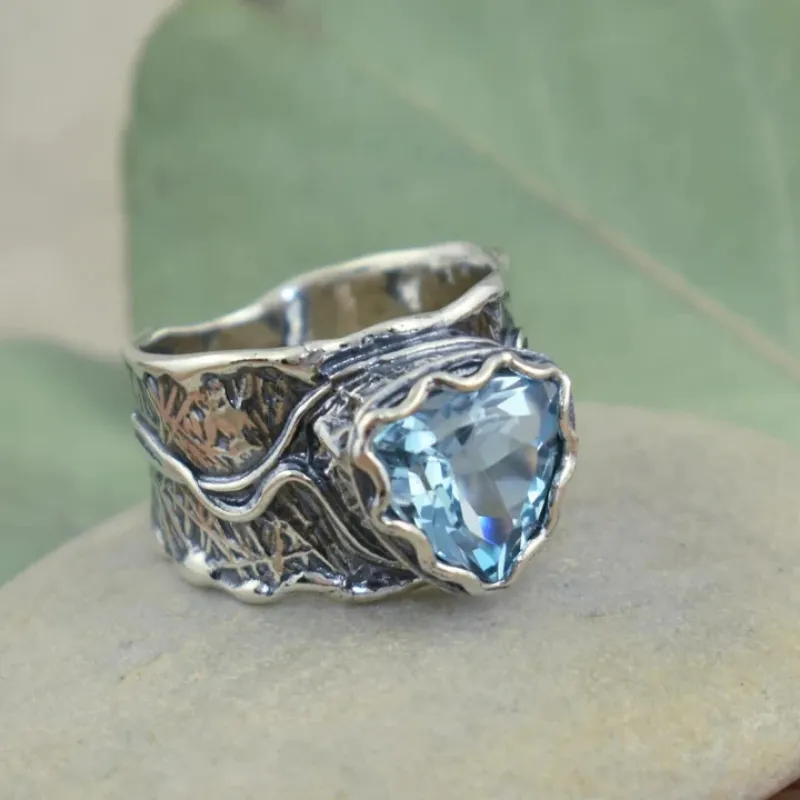 ZHIXUN винтажные кольца с синими кристаллами в форме сердца для женщин, античное серебро, цветная гравировка, роскошные темпераментные ювелирные аксессуары