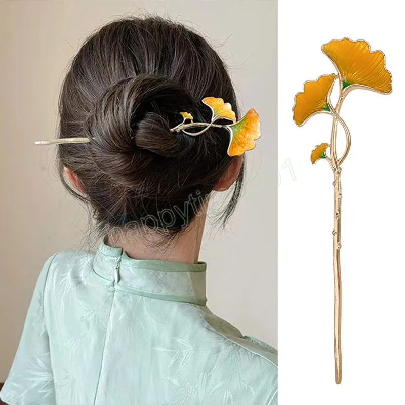 黄色のイチョウの葉の髪の毛ハンフヘアピン女性ヘアアクセサリー葉の形をしたヘアスティック古代スタイルの髪の飾り