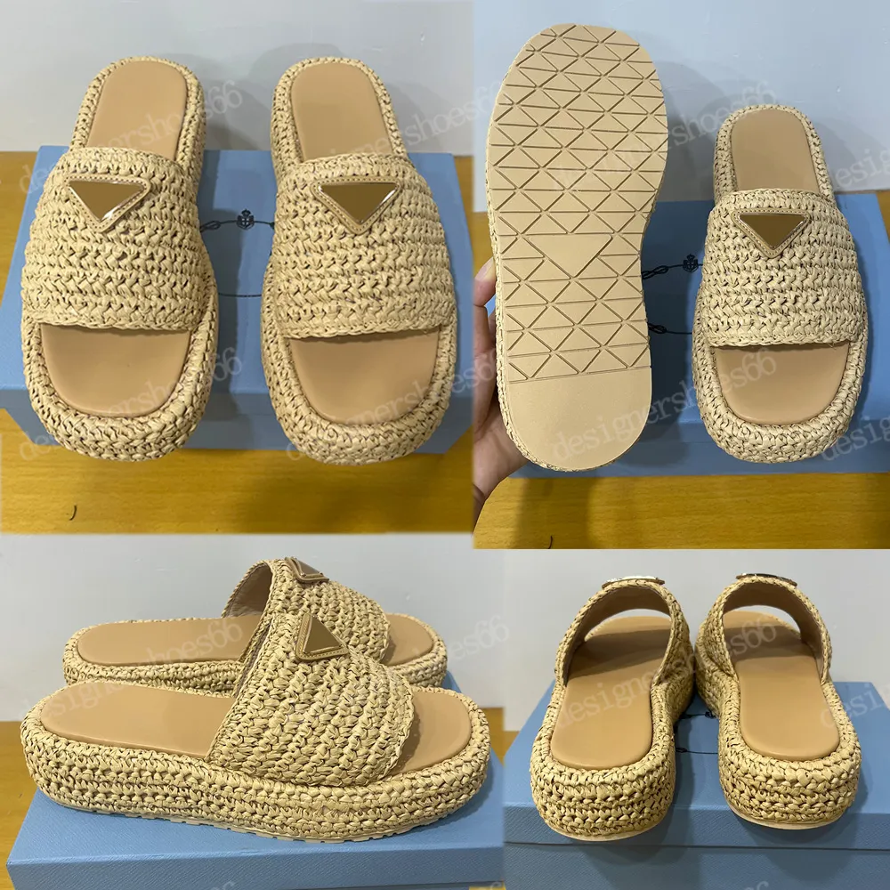 Raffian Flatform Sandalet Rafian Sandalet Tığ işi Flatform Slayt 1xz761 Doğal Tasarımcı Sandalet Şık Dokuma Raffian Sandalet Mızlı Metal Üçgen Sandal