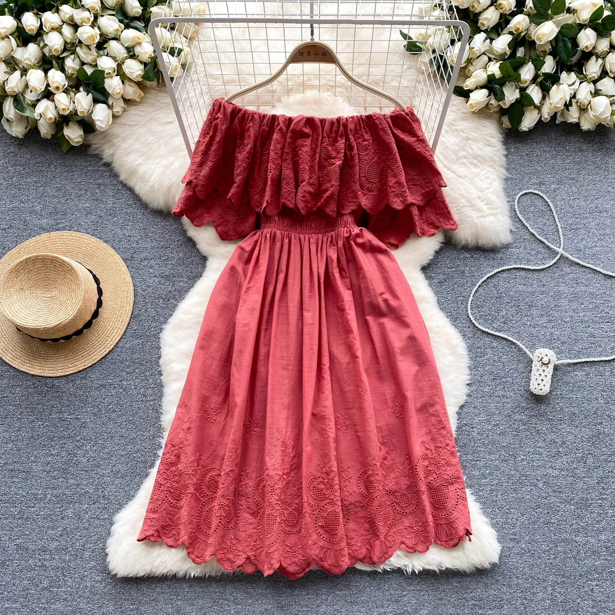 Korea Chic French Ruffled A-line Dress Women Slash Neck Summer Slim Holiday Party Clothes Vestidos Elegantes Para Mujer 2023