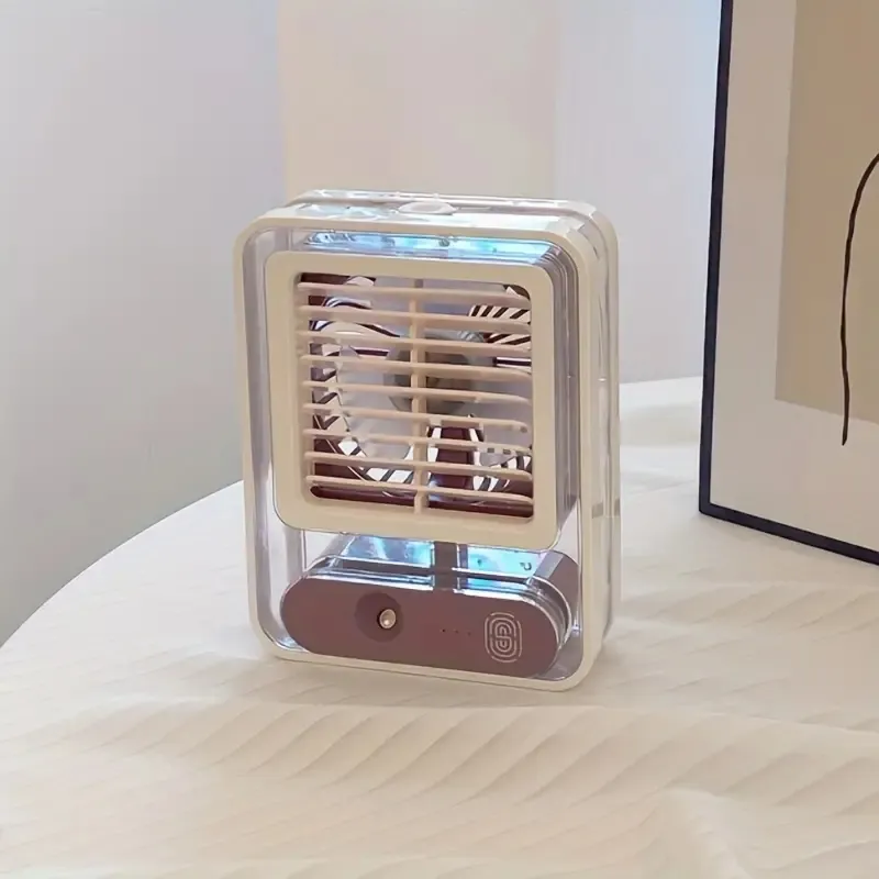 1pc Summer Air Cooler With Atmosphere Night Light Portable USB Rechargeable Humidification Spray Fan Adjustable Electric Fan Desktop Fan