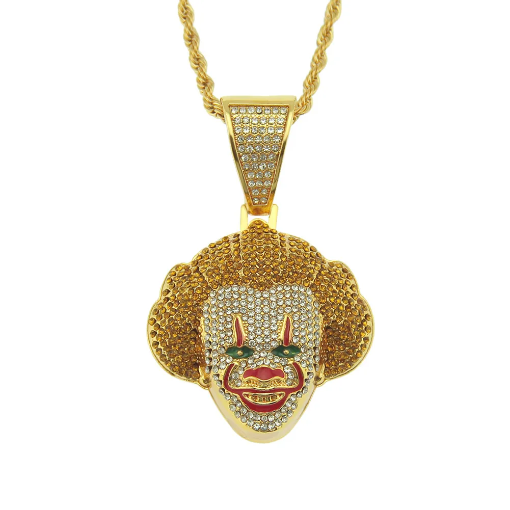 Hip Hop Rapper Shiny Diamond Pendant Gold Necklace Cosplay Classic Joker Clowns Pendant Micro-Inset Zircon Jewelry 76cm Night Club Accessory Sweater Chain 1394