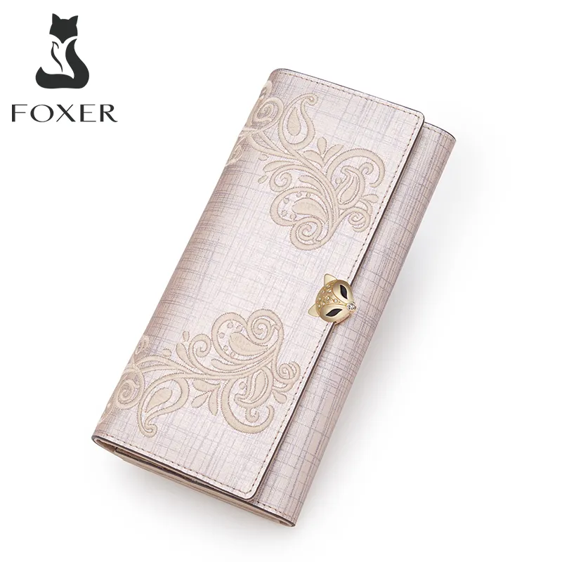 FOXER femmes luxe en cuir fendu Long portefeuille dame fleur motif téléphone pochette à deux volets porte-carte femme porte-monnaie sac d'argent