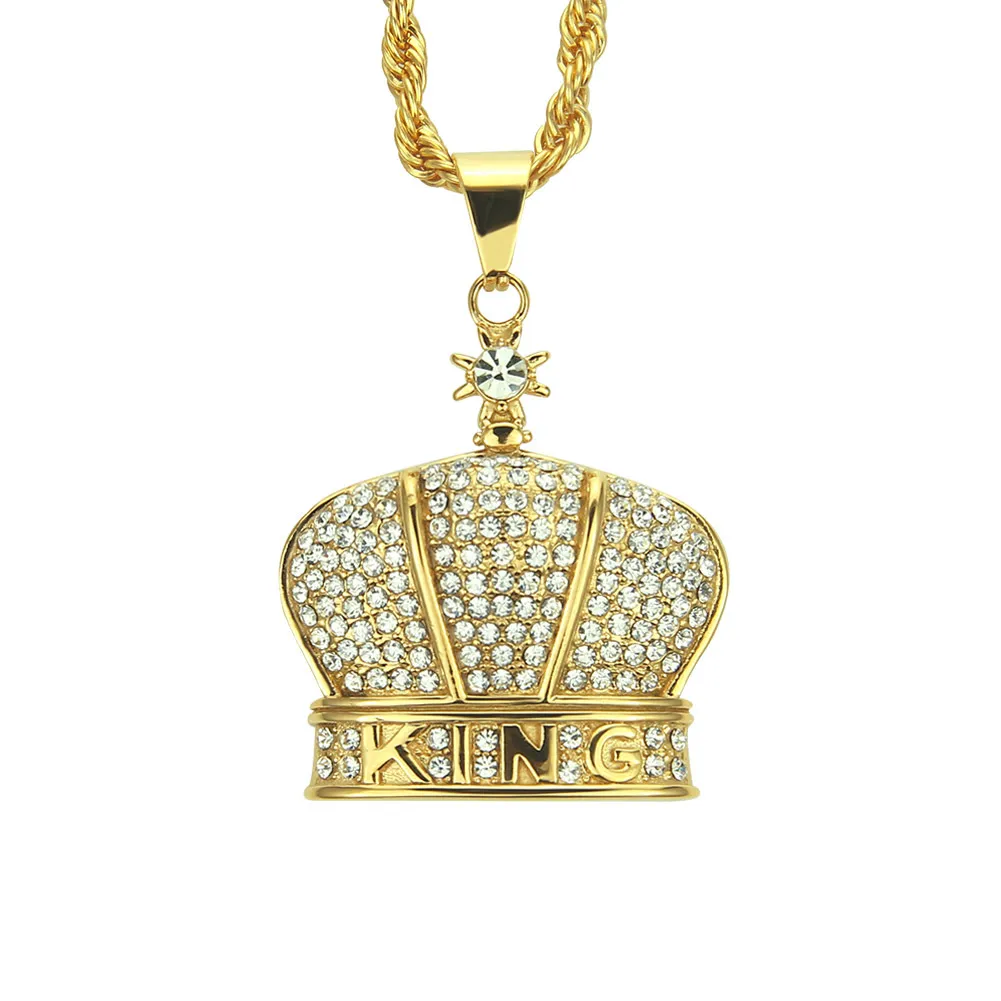 Hip Hop Rapper Shiny Diamond Pendant Gold Necklace King Crown Pendant Micro-Inset Zircon Jewelry 76cm Night Club Accessory Sweater Rope Chain 1401