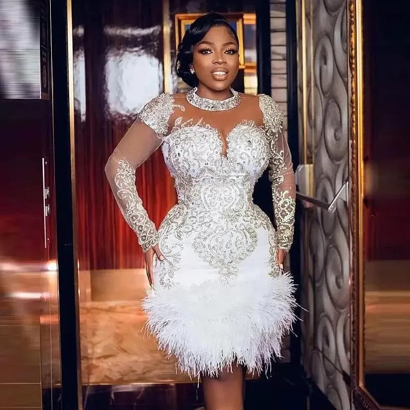 Elegant White Lace Applique prom dress stores with Feathers and Long Sleeves  - Plus Size Tail Party Gown 2024