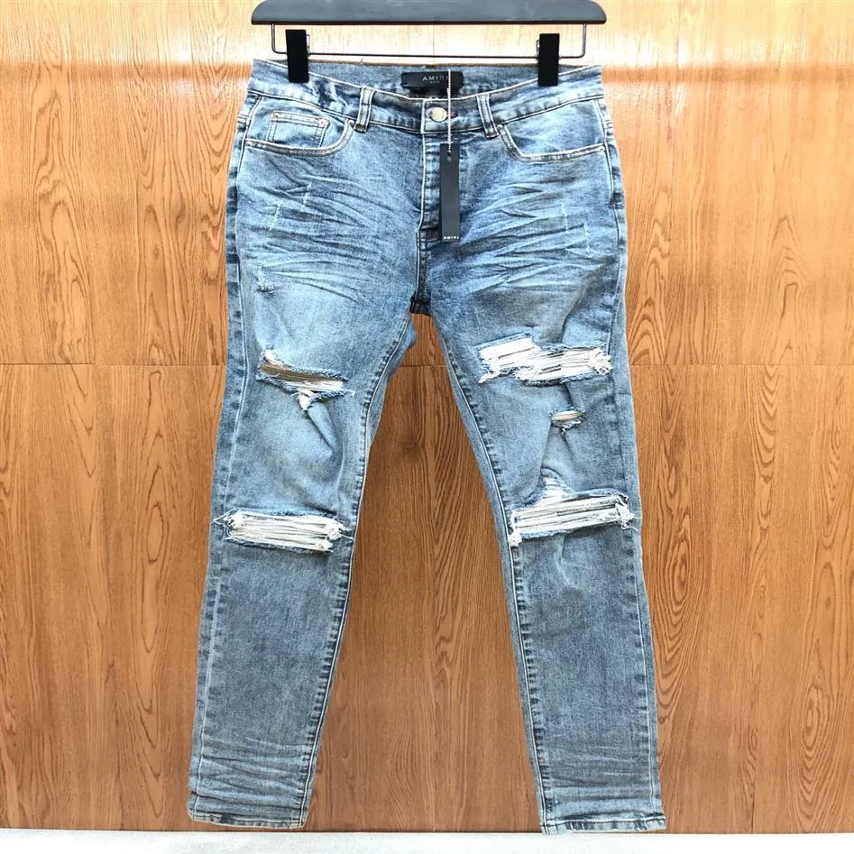 FALECTION MENS 21fw Jeans di alta qualità Distressed Jeans da motociclista da motociclista Skinny Slim Striscia strappata alla moda MX1 IRIDESCENT 255j