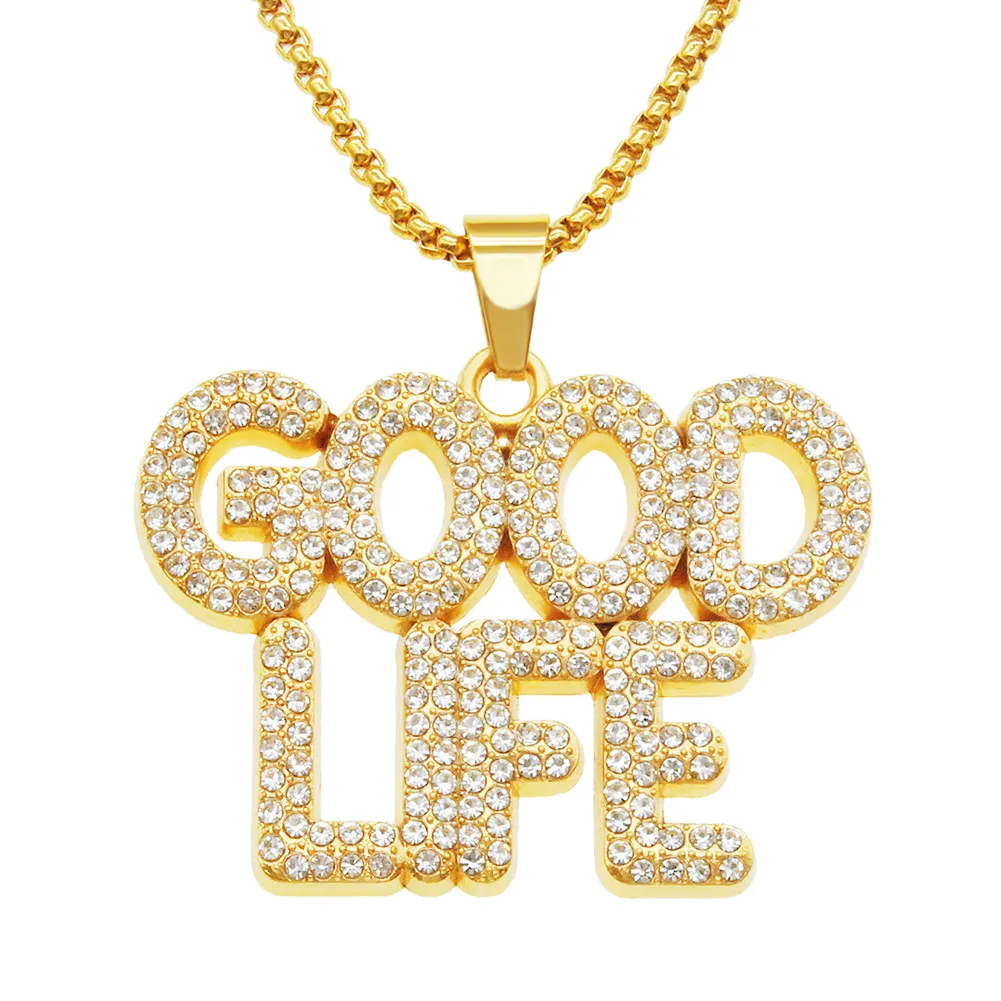 Hip Hop Rapper shiny diamond pendant gold necklace GOOD LIFE letters full zircon pendant copper micro-inset zircon jewelry 75cm night club necklace 1389