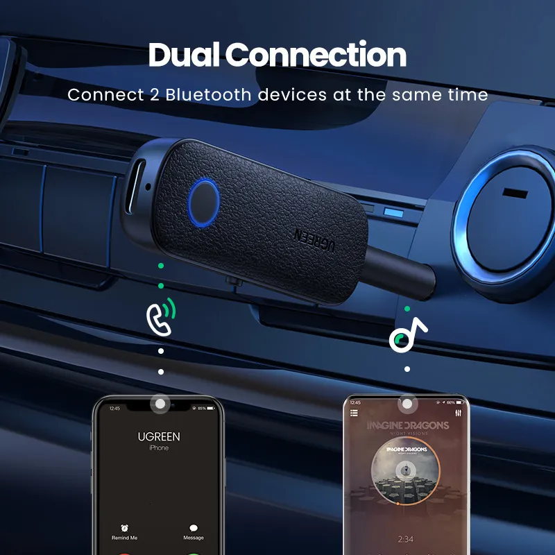 UGREEN 2 in 1 Bluetooth Car Adapter Bluetooth 5.1 Stereo Transmitter  Receiver Wireless 3.5mm Aux Jack Adapter Car Kit Mic