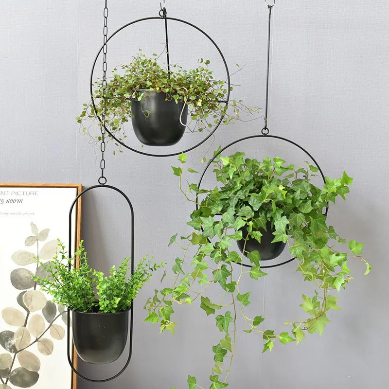 Vases Metal Hanging Flower Pot Nordic Chain Planter Basket Vase For Home Garden Balcony Decoration 230701