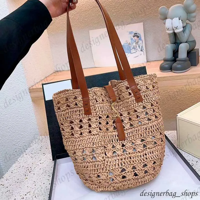 Bolsa de marca famosa bolsa de praia ráfia bolsa de palha s peça de metal decoração bolsa de balde oca estilo bolsa de palha feminina bolsa de praia feminina bolsa de ombro 230501