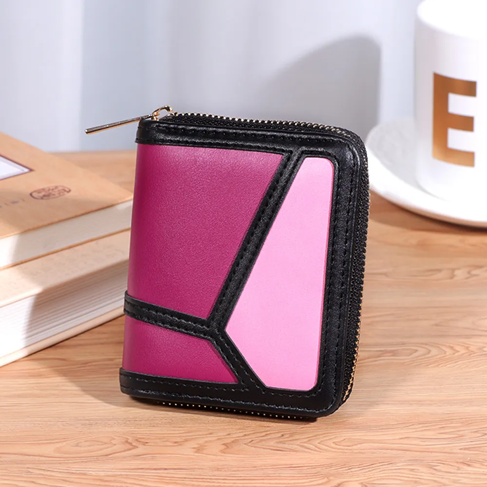 Womens Clutch Wallet Womens Korean Style Contrast Color Stitching Zipper Short Phone Bag Patchwork PU Leather Card Holder