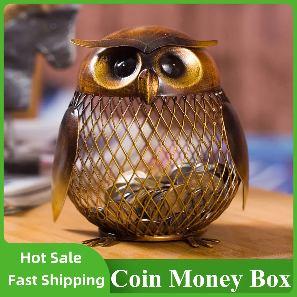 Novelty Items Owl Shaped Metal Coin Money Saving Box Cute Piggy Boxes Home Decor Furnishing Articles Crafting Christmas Gift For Kids 230701