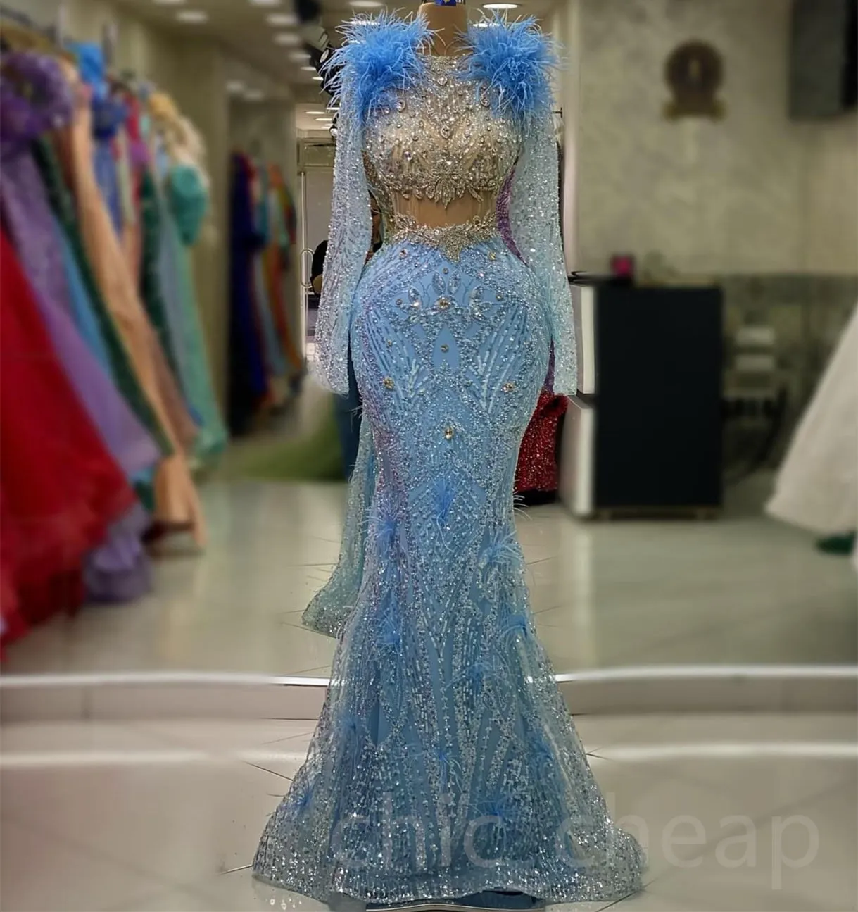 2023 ASO EBI Sky Blue Mermaid Prom Dress Pärled Crystals Evening Formal Party Second Reception Birthday Bridesmaid Engagementklänningar Klänningar Robe de Soiree ZJ682