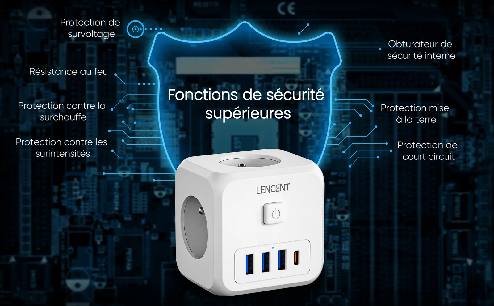 LENCENT-adaptador de corriente de cubo de enchufe múltiple FR, 3 puertos  USB, 3 salidas de