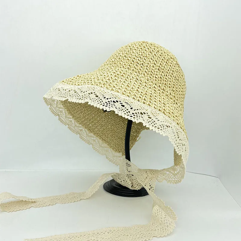 2022 New Summer Floppy Solid Color Pastoral Style Beach Straw Cap Female Lace Cute Small Fresh Seaside Sun Chapeau Bucket Hat