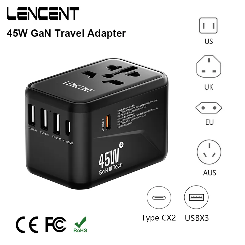 Netzkabelstecker LENCENT 45W GaN Internationaler Reiseadapter mit 3 USB 2 Typ C Netzteil Schnellladegerät EU/UK/USA/AUS-Stecker für Reisen 230701