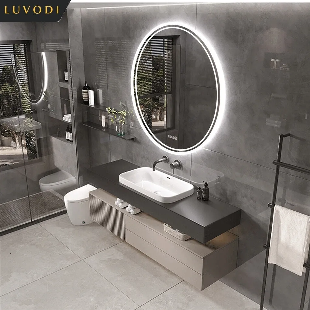 Badtillbehör Set Luvodi Intelligent Illuminate Big Round Mirror för badrum Pekskärm Dimble Antifog LED -ljus 230701