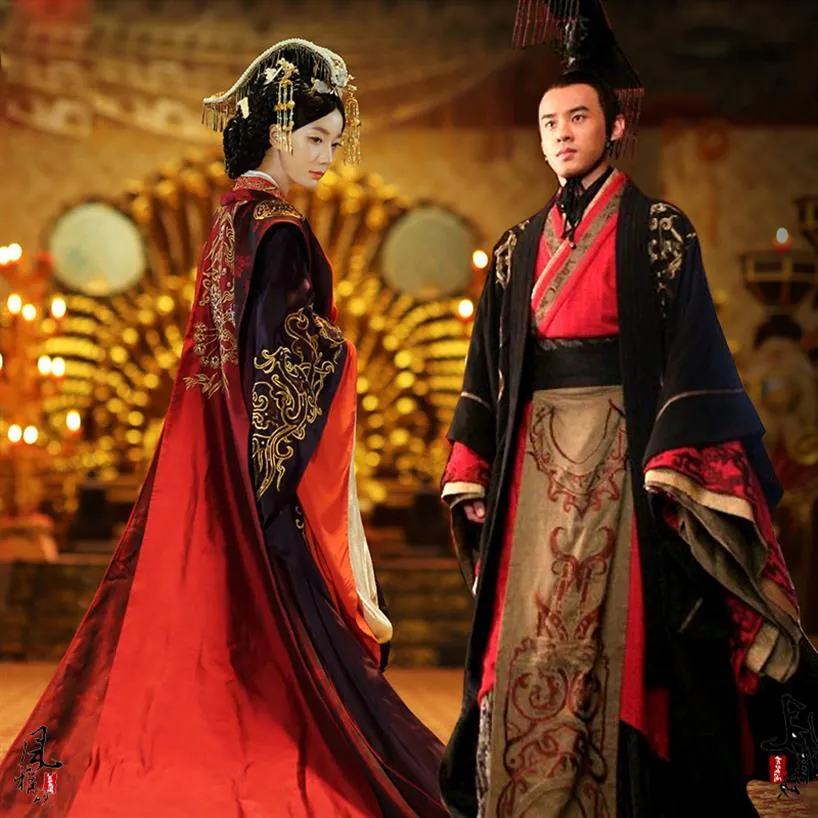 Asian Emperor queen Royal Palace wedding Gown Robe dress Chinese Ancient wedding Hanfu Long Costume Black Red bride groom Outfit235h