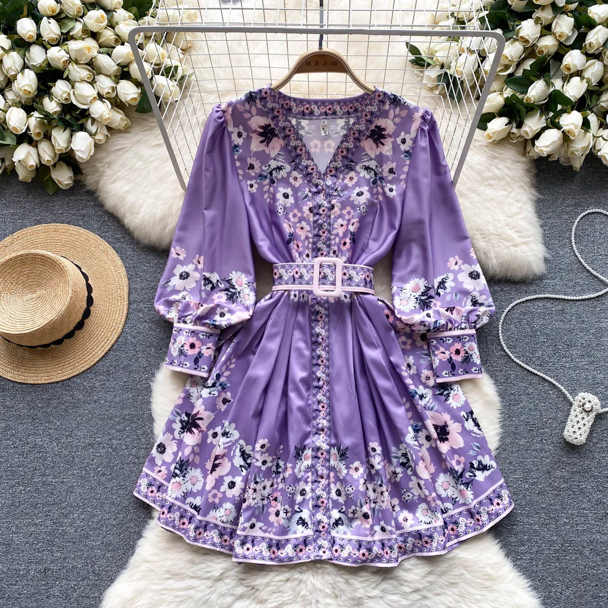 Casual Jurken Vintage Franse V-hals Lange Mouwen Print A-lijn Korte Jurk Vrouwen Dunne Vintage Kleding Vestidos Femininos Frete 2023