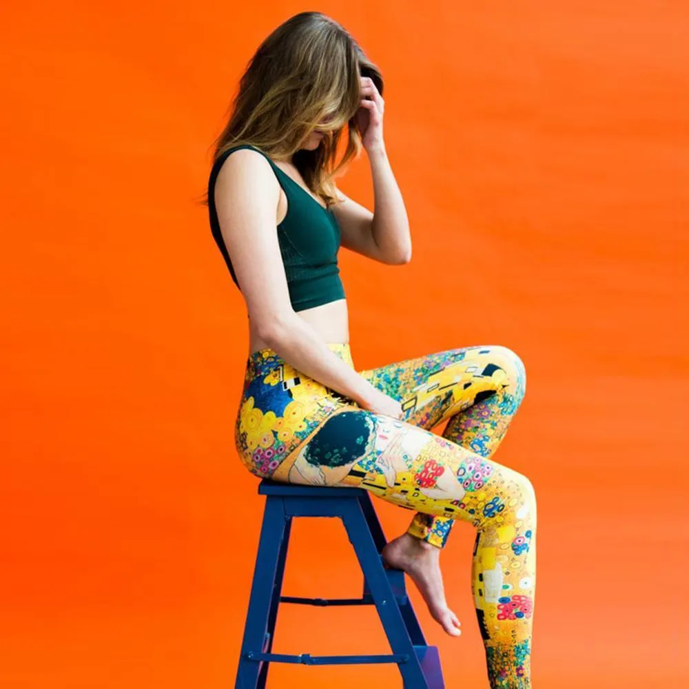Capris Qickitout 12% Spandex Seksowne trening żółte legginsy Kobiety siłę nadrukowane retro malowanie legginsy push upnie