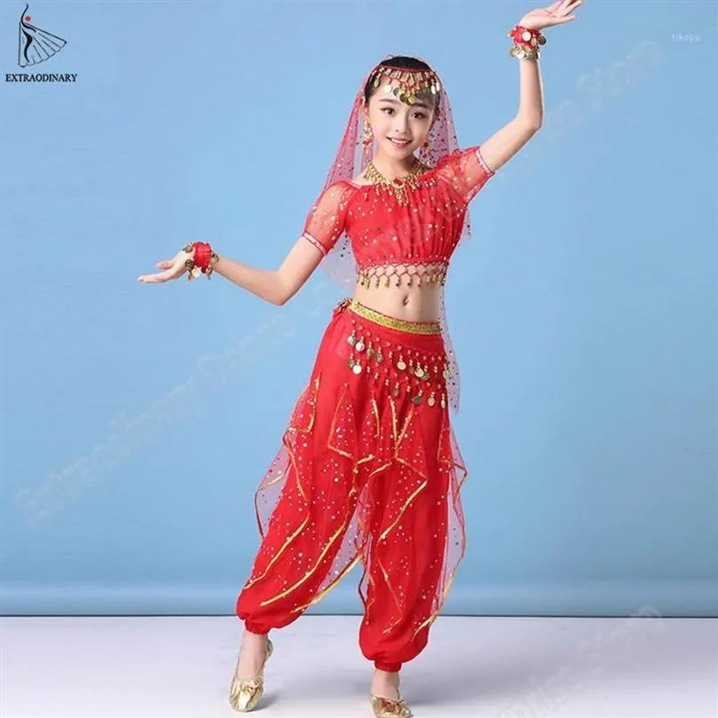 Kinder Bauchtanz Top Gürtel Schleier Hosen Halskette Kostüm Set Bollywood Tanz Kinder Chiffon Münze Performance1237J