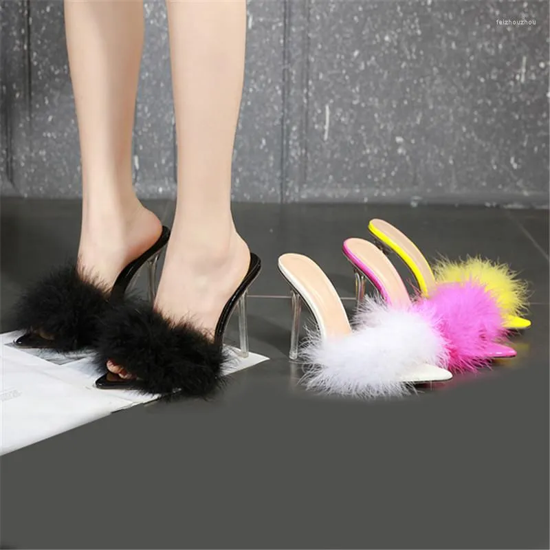 Sandals Summer Sexy Feather Woman Transparent Perspex High Heels Fur Stiletto Peep Toe Mules Lady Slides Shoes Rose