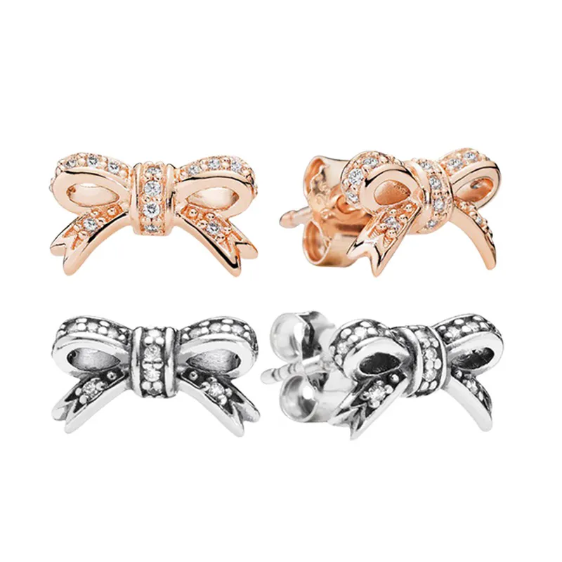 Classic Sparkling Bow Stud Earrings for Pandora Real 925 Sterling Silver Bowknot Earring Set For Women Girls Party Jewelry Luxury earrings with