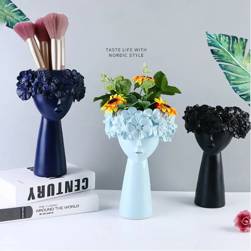 Vase Nordic Home Decoration Resin Vase Statue Sculpture Makeup Brush Holder Storage Box Pen Creative Flower Pot Art Supplies 230701