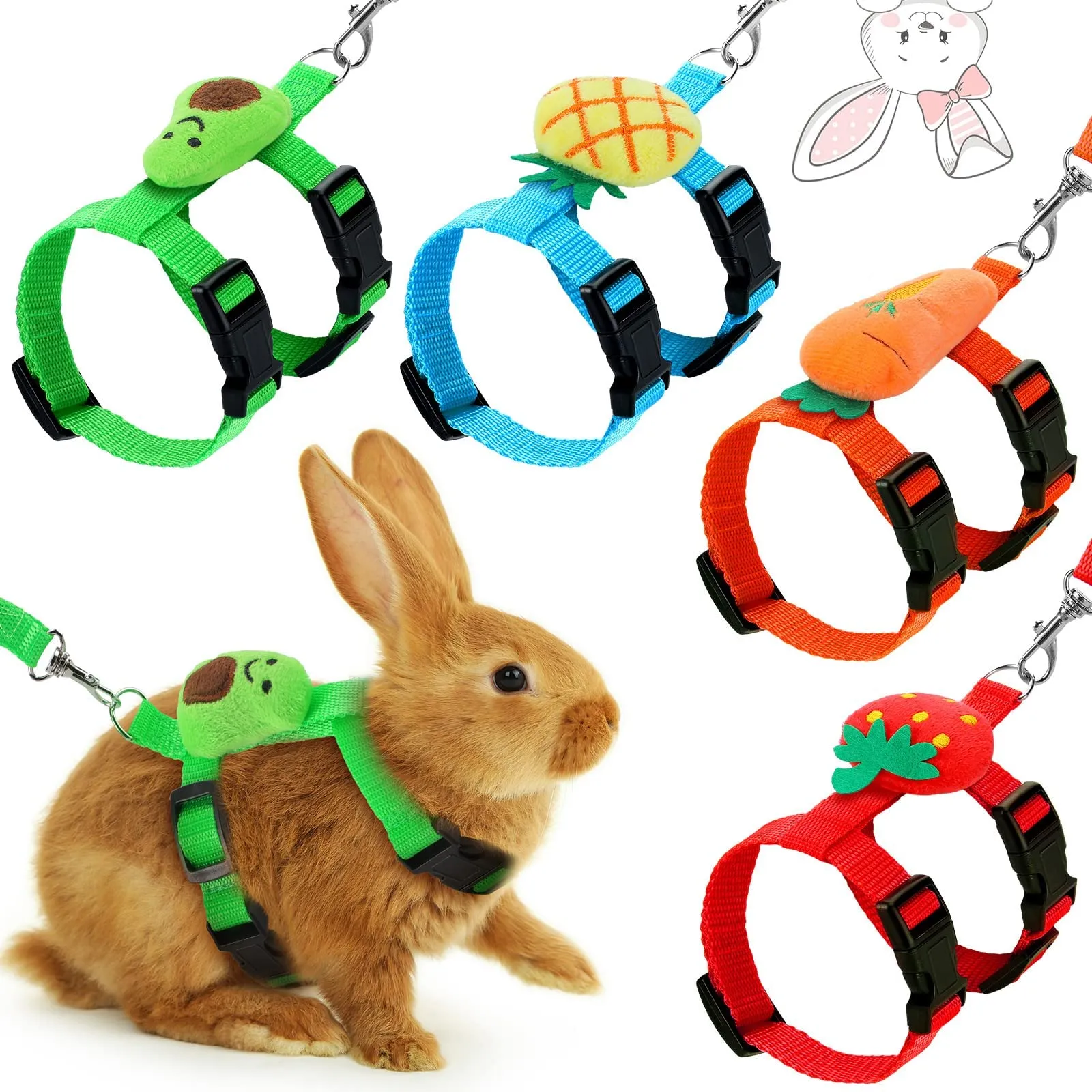 Adjustable Bunny Rabbit Harness and Leash Set Small Pet Cute Vest Harness Leash Ferret Guinea Pig Harness Leash with Decorations for Bunny Kitten Puppy (Fruit)