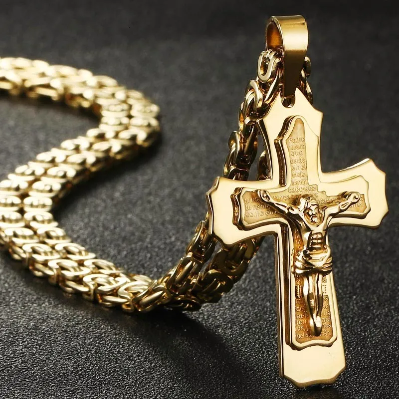 Pendant Necklaces Religious Catholic Crucifix Jesus Cross Necklace for Men Gold Color Cross Pendent with Bible Necklace Men Jewelry Gifts 230701