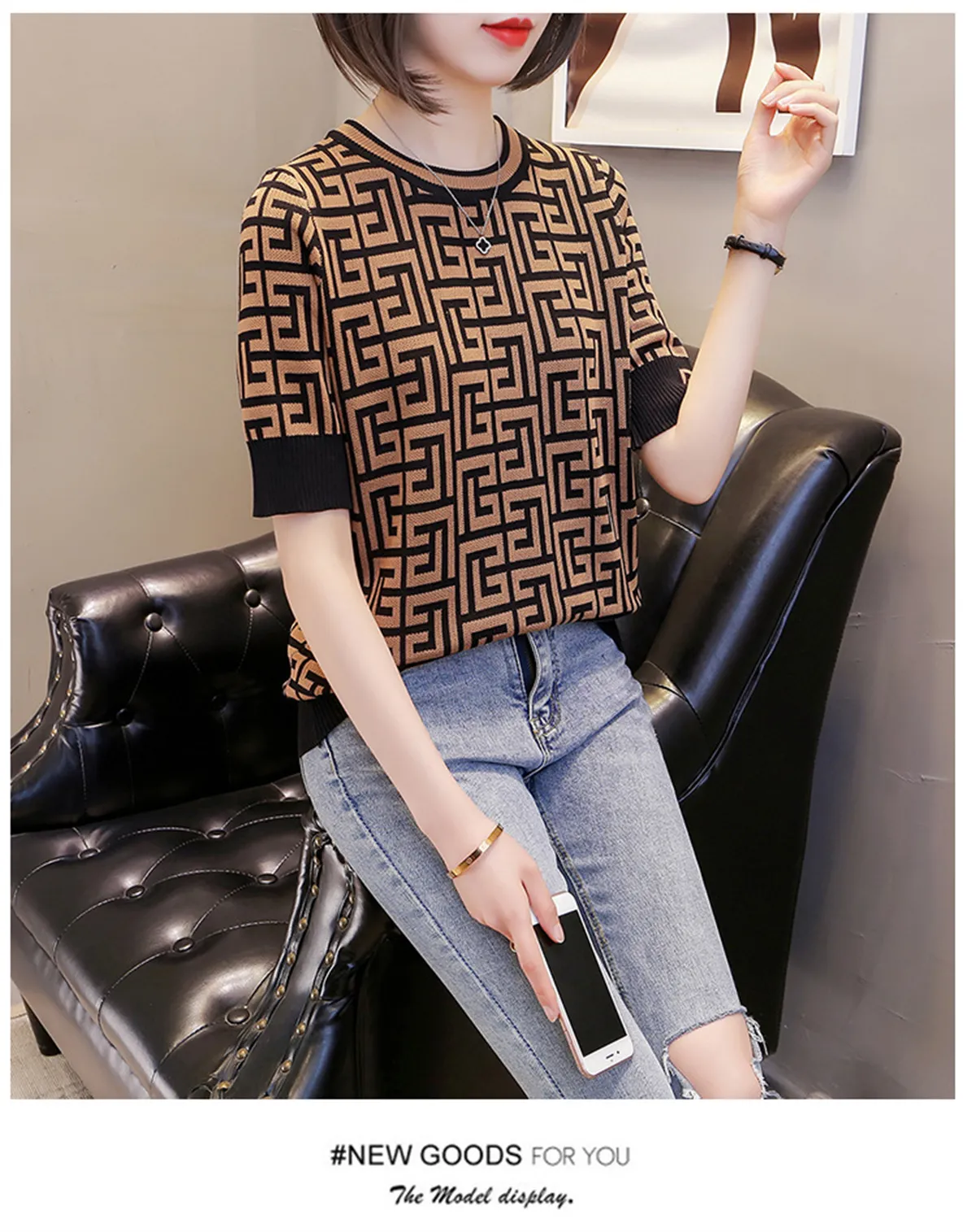 Women's T-Shirt Women Sweaters Loose Knitted Short Sleeve Cardigan Tops Patchwork Color V-neck Casual Tees For Ladies Casual Knitwear Homme Coats