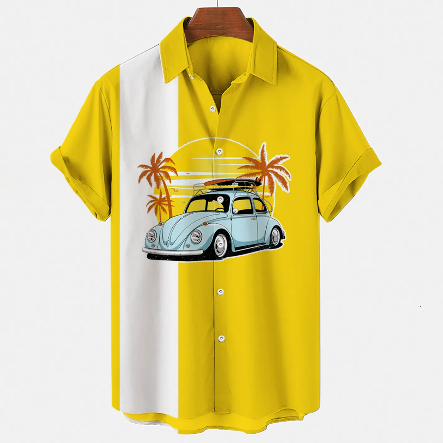 車のプリントと黄色の縞模様の木ルーズココナッツカジュアルラペルシングルボタン230630で印刷されたメンズポロスハワイアンシャツ