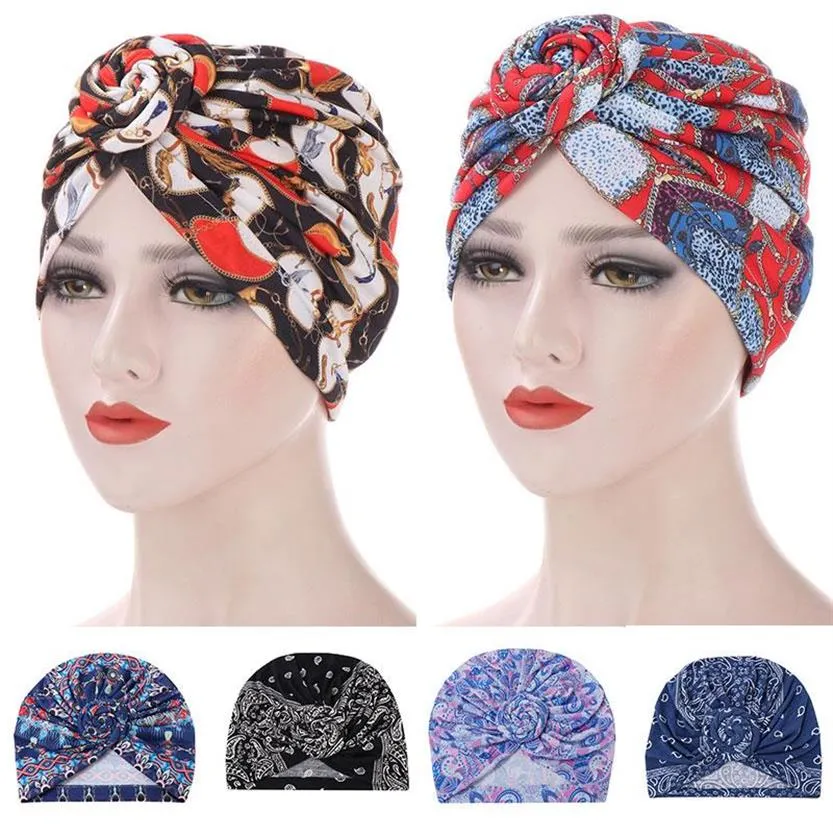 Ropa étnica Mujeres musulmanas Bonnet Cancer Hat Gorro de quimio Pérdida de cabello Plisado Pañuelo para la cabeza Turbante Wrap Cover Imprimir Gorros de moda Skul248m