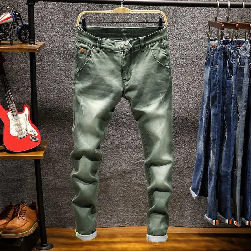 Modebutik stretch casual mens jeans mager män rak denim manlig byxa byxor253f