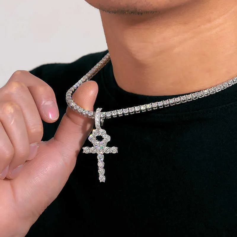 2024PassテスターSterling Sier VVS Moissanite Diamond Ankh Cross Pendant 4mmテニスチェーンネックレスジュエリーセット