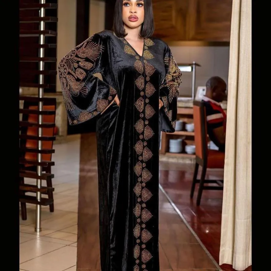 Ethnic Clothing African Dresses For Women Dashiki Mesh Ruffle Sleeve Robe Dress Africa Clothes Super Elastic Diamonds Party Maxi225h