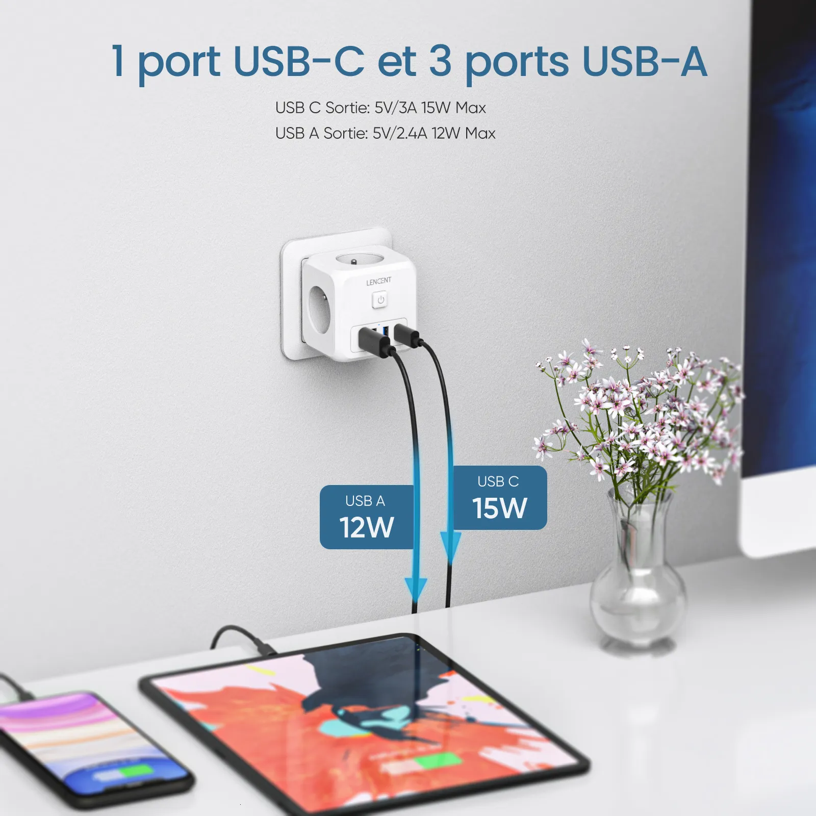 Prise USB multiple, bande d'alimentation murale Cube 4 prises avec 3 USB  secteur, chargeur USB Wall Power Strip