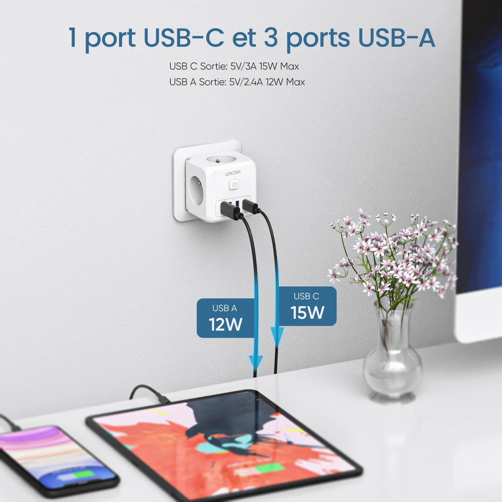 Prise secteur USB multiple + Câble USB-A de mise à la terre !