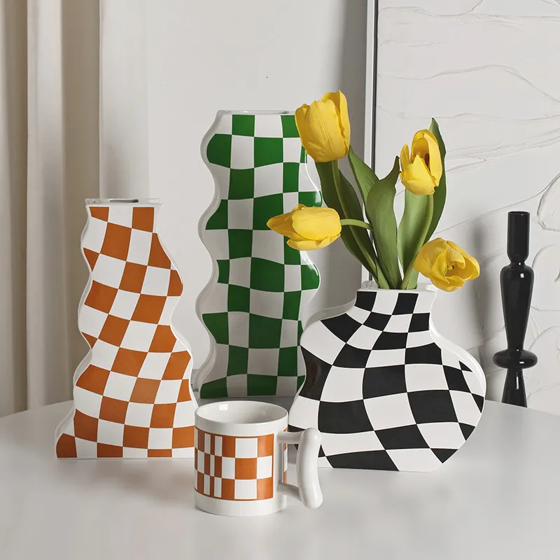 Vaser Creative Home Decor Ceramic Flower Arts Ceramics Checkered Living Room Salon Decoration Pots Tall Vase 230701