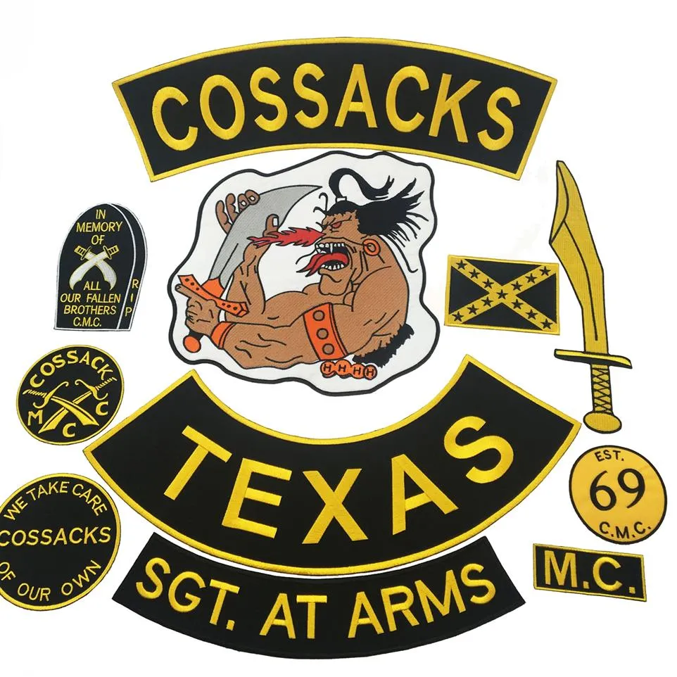 New Arrival COSSACKS TEXAS MC Embroidered Iron-On Sew On Biker Rider Patch Full Back Size Jacket Vest Badge SGT AT ARMS Rocker Pa263B