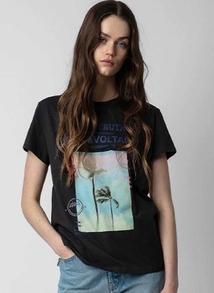 23SS Zadig Voltaire Ny designer T -shirt Summer Pullover Classic Coconut Tree Beach Tees Print leende Face Hot Diamond Black Cotton Women