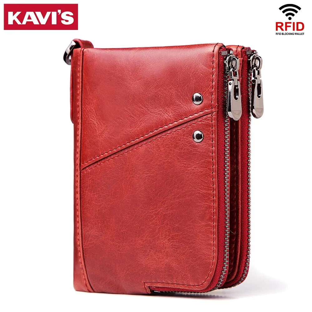 KAVIS en cuir véritable femmes portefeuille femme rouge Rfid porte-monnaie petit Walet Portomonee PORTEFEUILLE sac d'argent dame Mini porte-carte