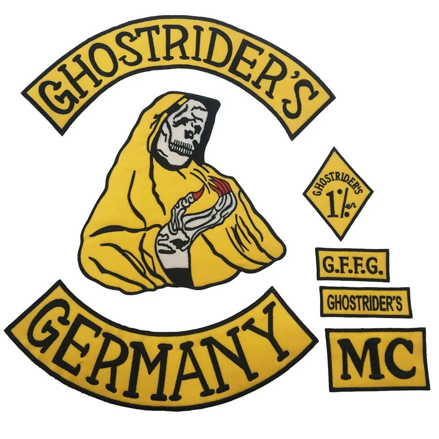 Conjunto de 7 peças GHOSTRIDER'S GERMANY bordado com ferro de passar costurado nas costas remendo motociclista remendo para jaqueta colete remendo 245d
