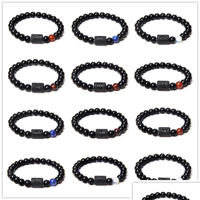 Perlen 8mm Schwarz Colorf Stein Perlen 12 Konstellation Paar Stränge Armband Männer Armbänder Für Frauen Pseras Mascina Hombre Mann herren Dh5Hs