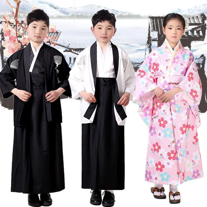New Black Japanese Boys Kimono Child Warrior Traditional Swordmen Yukata Kid Stage Performance Clothing Cosplay Costume201G