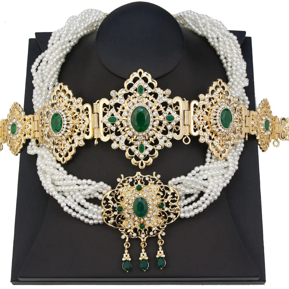 Kolczyki naszyjnik złoty kolor maroko zestawy biżuterii ślubnej dla panny młodej kobiety pasek do garnituru łańcuszek na talię wielowarstwowe koraliki perłowy łańcuszek naszyjnik kaftan Bijoux 230703