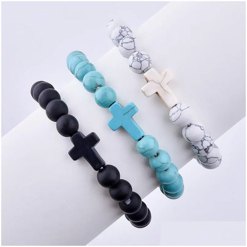 Krokowy letni w stylu Cross Charms Strand Bransoletki Klasyczne 8 mm Turquoise Stone Elastic Friendship Bransoletka plaża dla kobiet mężczyzn Jewelr dhz0h